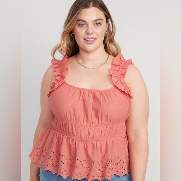 NWT! Sleeveless Waist-Defined Ruffle-Trim Embroidered Babydoll Blouse - Medium 🤎 - Picture 6 of 7